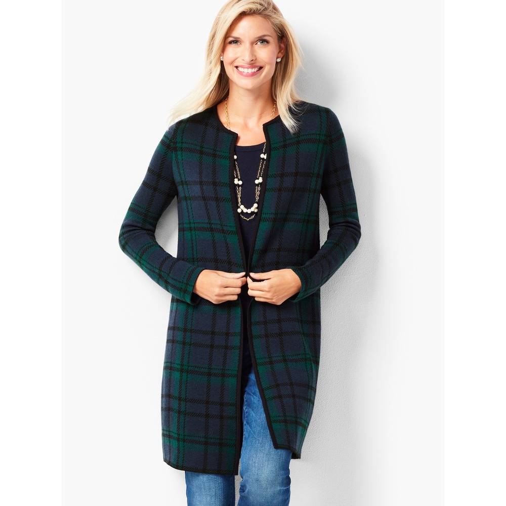 Talbots Petites Women's Tartan Plaid Merino‎ Wool Cardigan Sweater Blue Green L